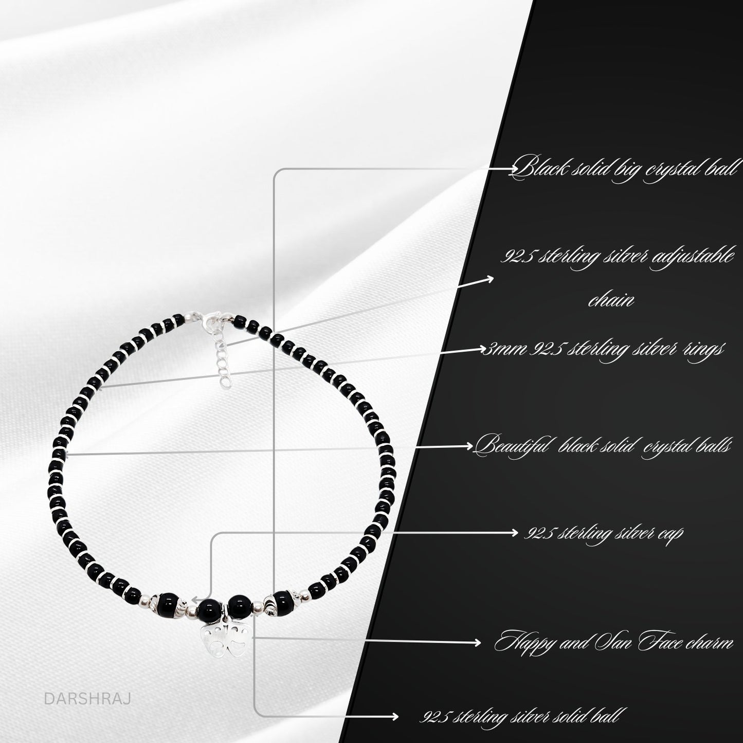 Women Black Beads Anklet with 2 Smile Silver Charm | 925 | Free Size | For Women & Girls