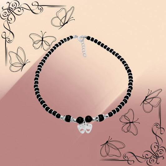 Women Black Beads Anklet with 2 Smile Silver Charm | 925 | Free Size | For Women & Girls