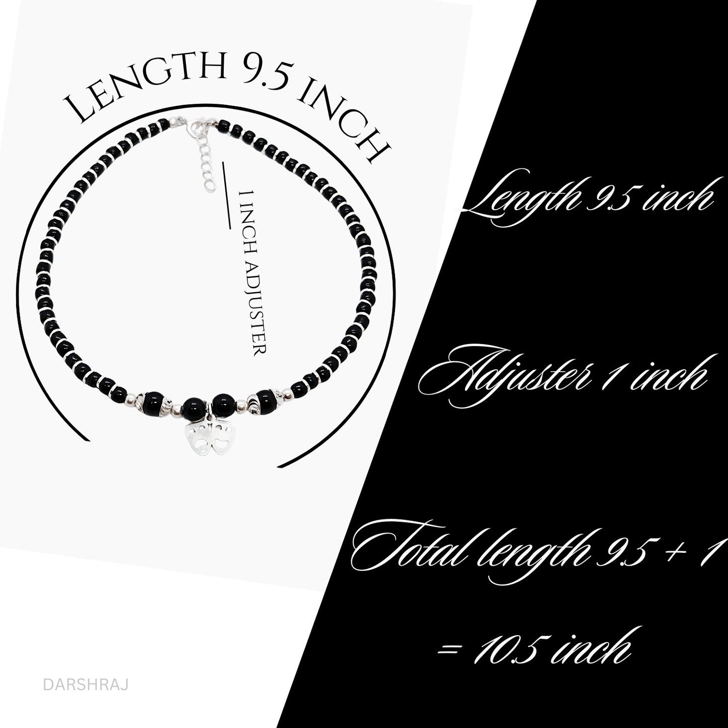 Women Black Beads Anklet with 2 Smile Silver Charm | 925 | Free Size | For Women & Girls