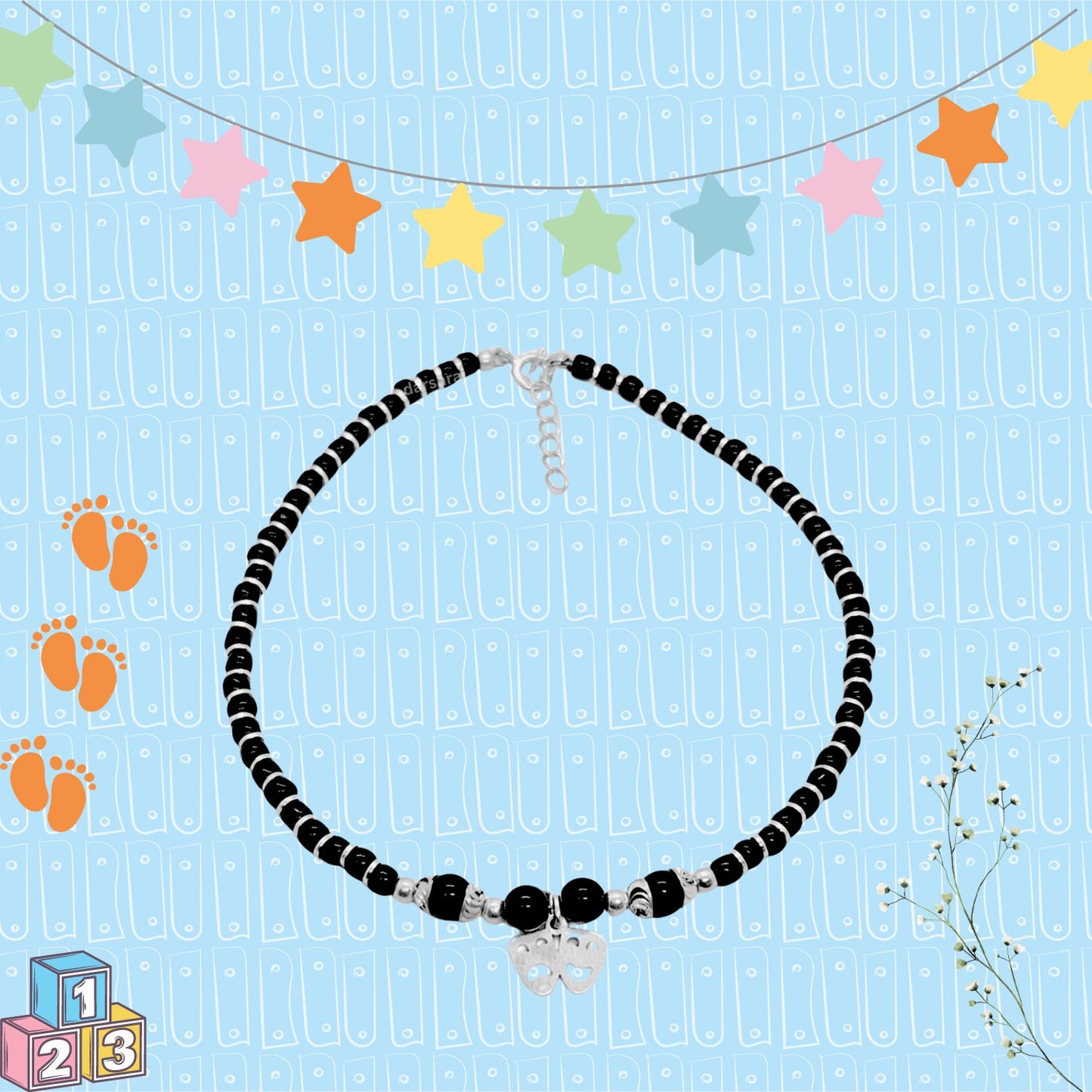 Women Black Beads Anklet with 2 Smile Silver Charm | 925 | Free Size | For Women & Girls