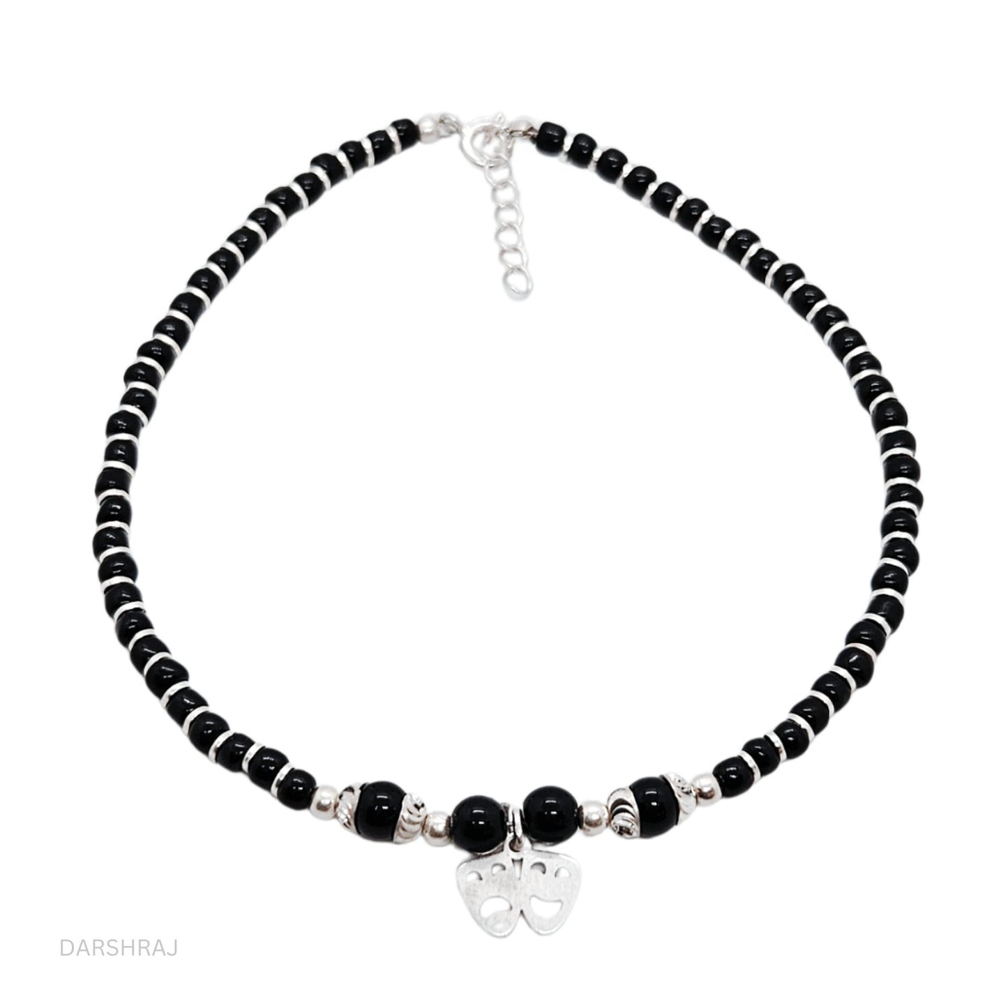 Women Black Beads Anklet with 2 Smile Silver Charm | 925 | Free Size | For Women & Girls