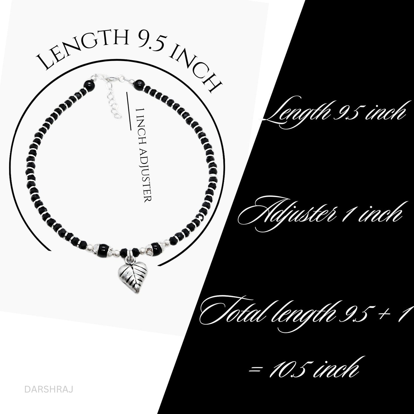 Women Black Beads Anklet with Silver Leaf Charm | 925 | Free Size | For Women & Girls