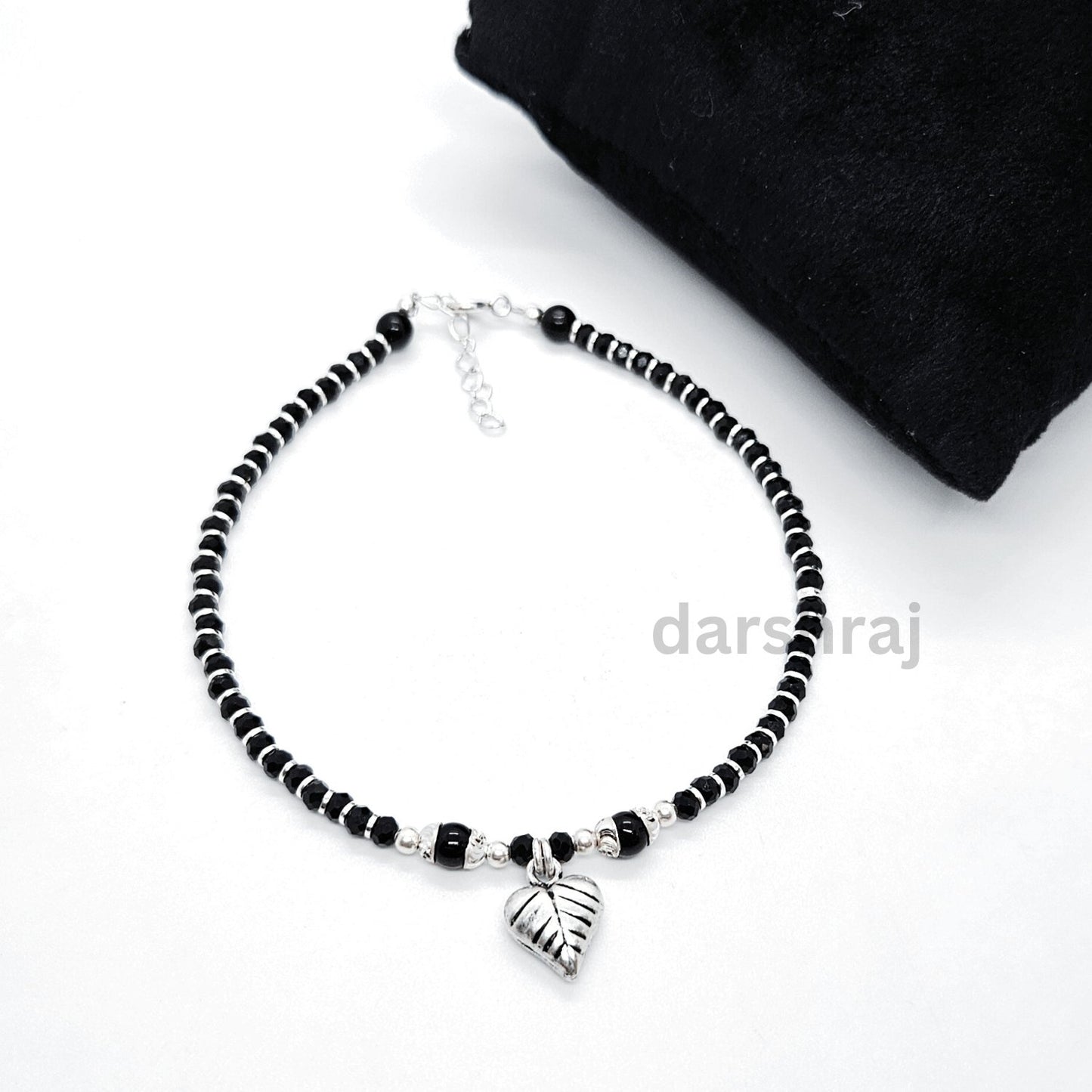 Women Black Beads Anklet with Silver Leaf Charm | 925 | Free Size | For Women & Girls