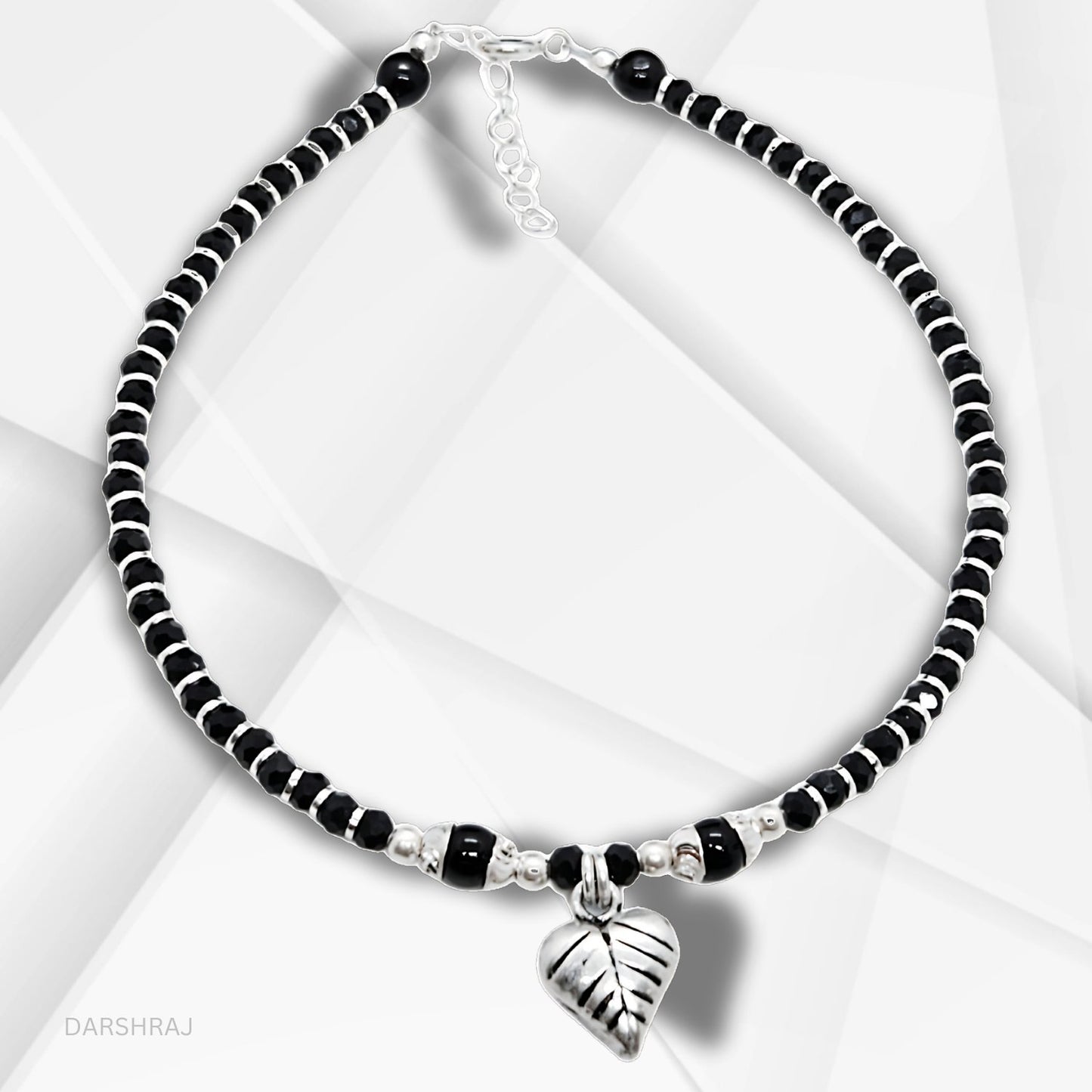 Women Black Beads Anklet with Silver Leaf Charm | 925 | Free Size | For Women & Girls