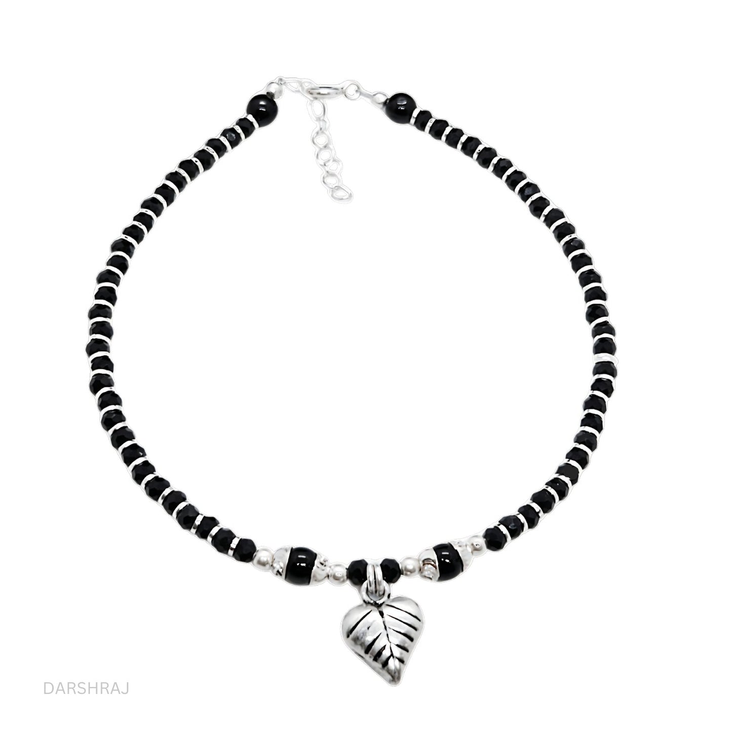 Women Black Beads Anklet with Silver Leaf Charm | 925 | Free Size | For Women & Girls