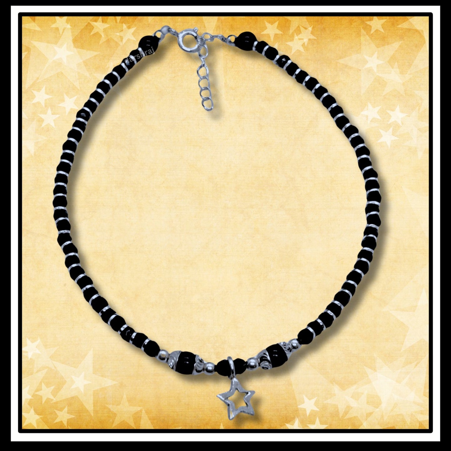 Women Black Beads Anklet with Silver Star Charm | 925 | Free Size | For Women & Girls