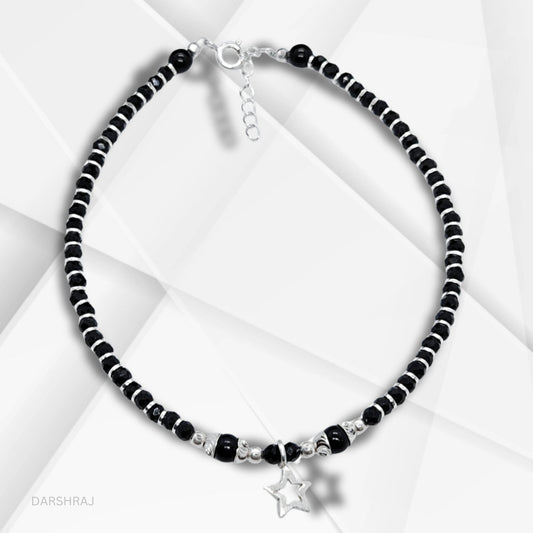 Women Black Beads Anklet with Silver Star Charm | 925 | Free Size | For Women & Girls