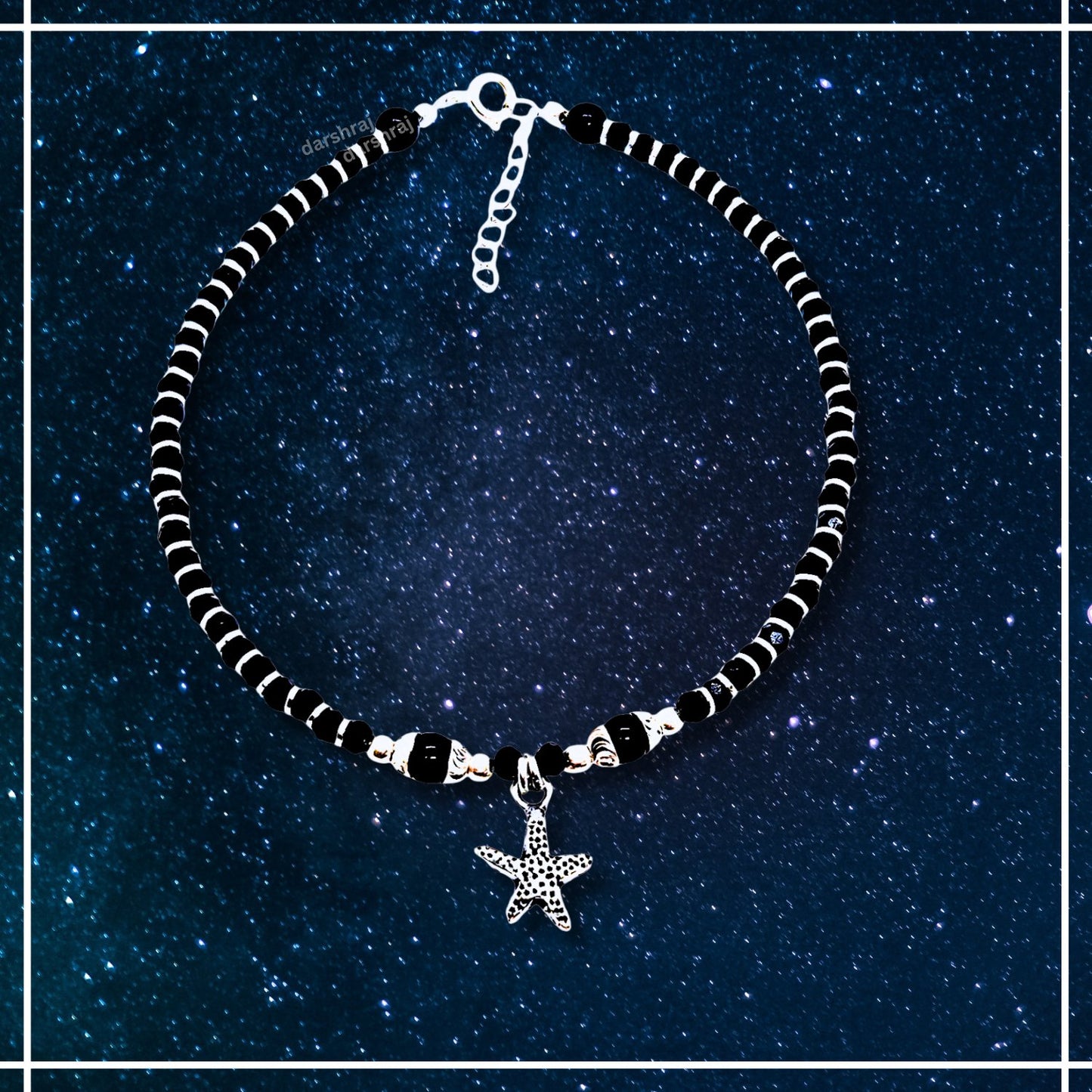 Women Black Beads Anklet with Silver Star with Black dots on Charm | 925 | Free Size | For Women & Girls