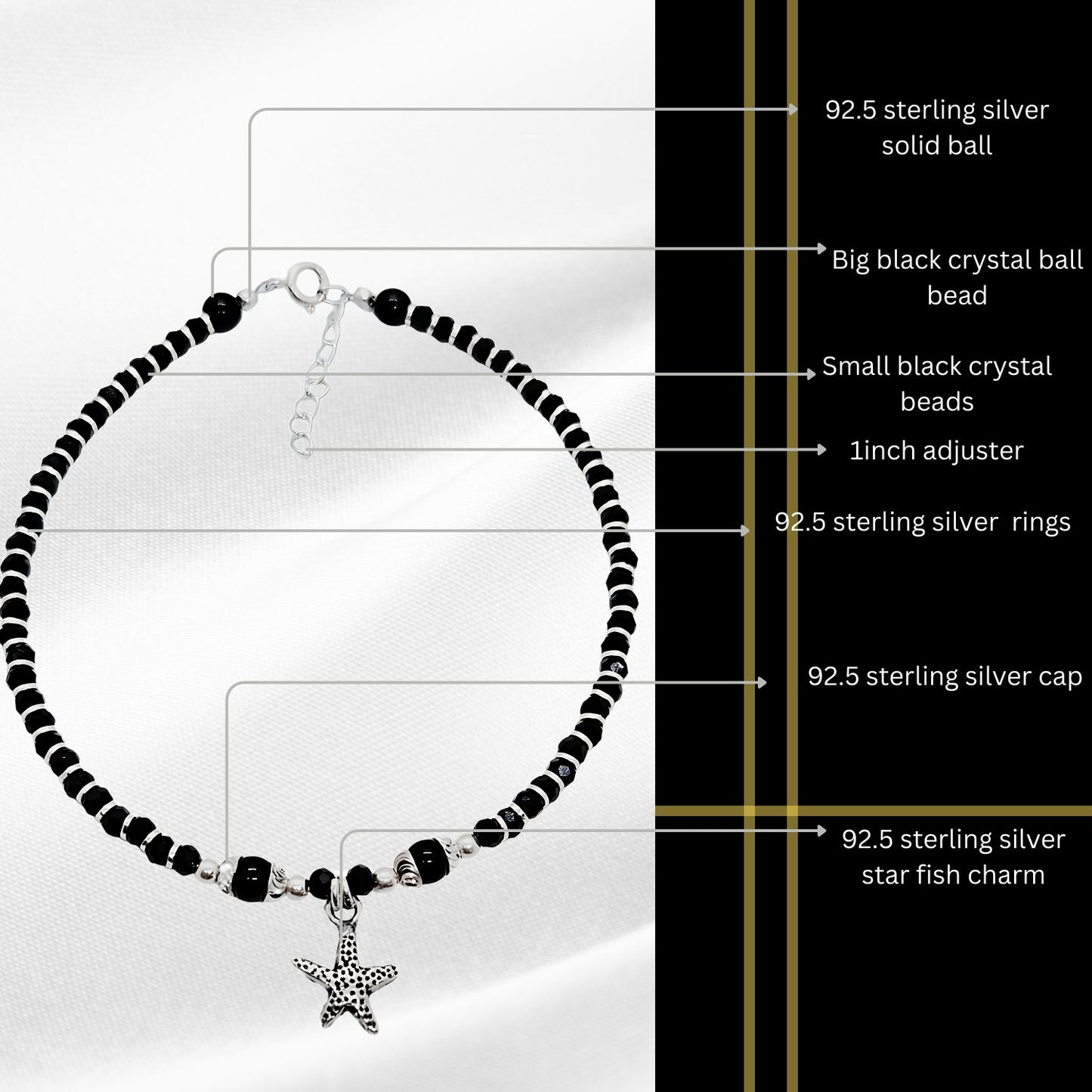 Women Black Beads Anklet with Silver Star with Black dots on Charm | 925 | Free Size | For Women & Girls