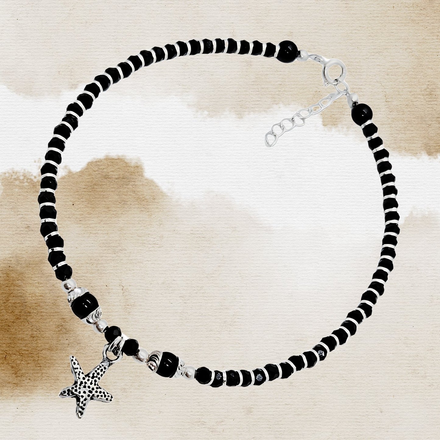 Women Black Beads Anklet with Silver Star with Black dots on Charm | 925 | Free Size | For Women & Girls