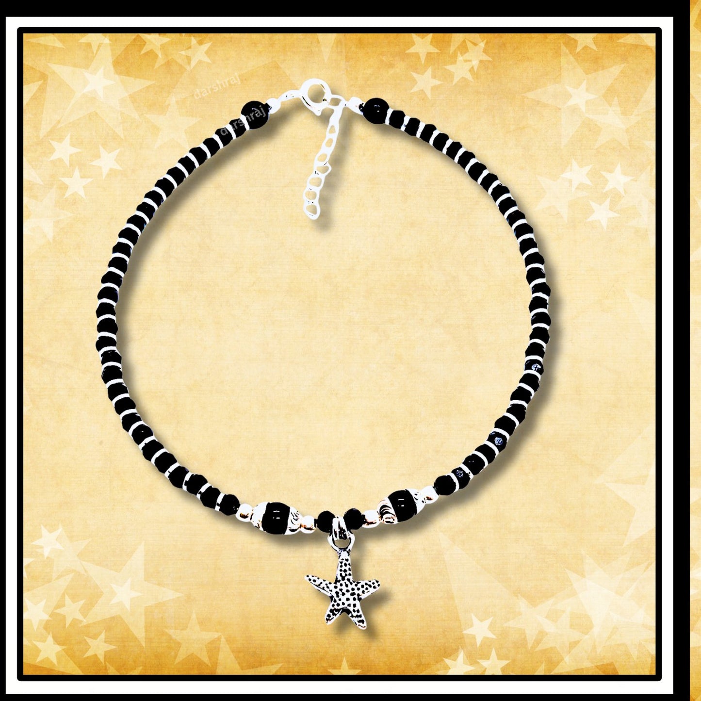 Women Black Beads Anklet with Silver Star with Black dots on Charm | 925 | Free Size | For Women & Girls