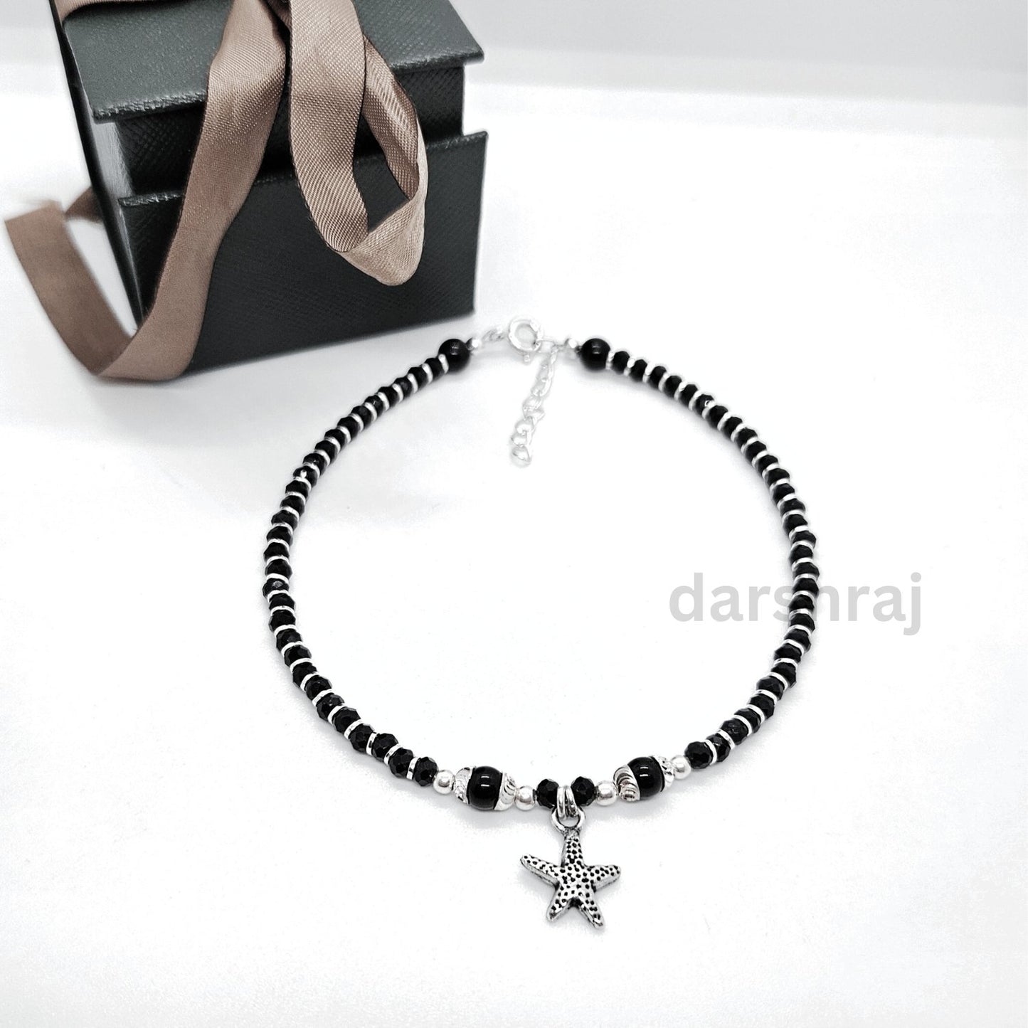 Women Black Beads Anklet with Silver Star with Black dots on Charm | 925 | Free Size | For Women & Girls