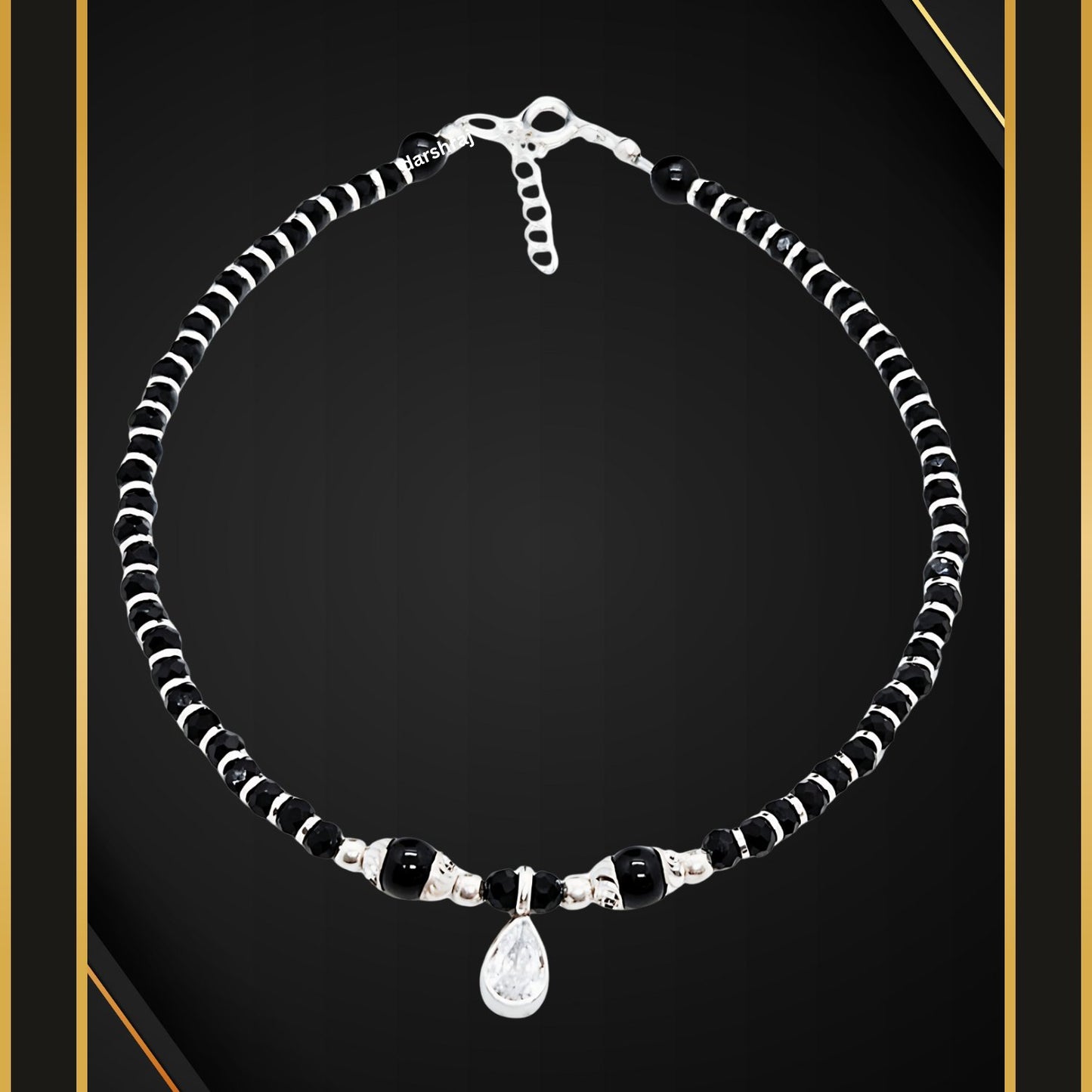 Women Black Beads Anklet with Silver Drop Charm | 925 | Free Size | For Women & Girls