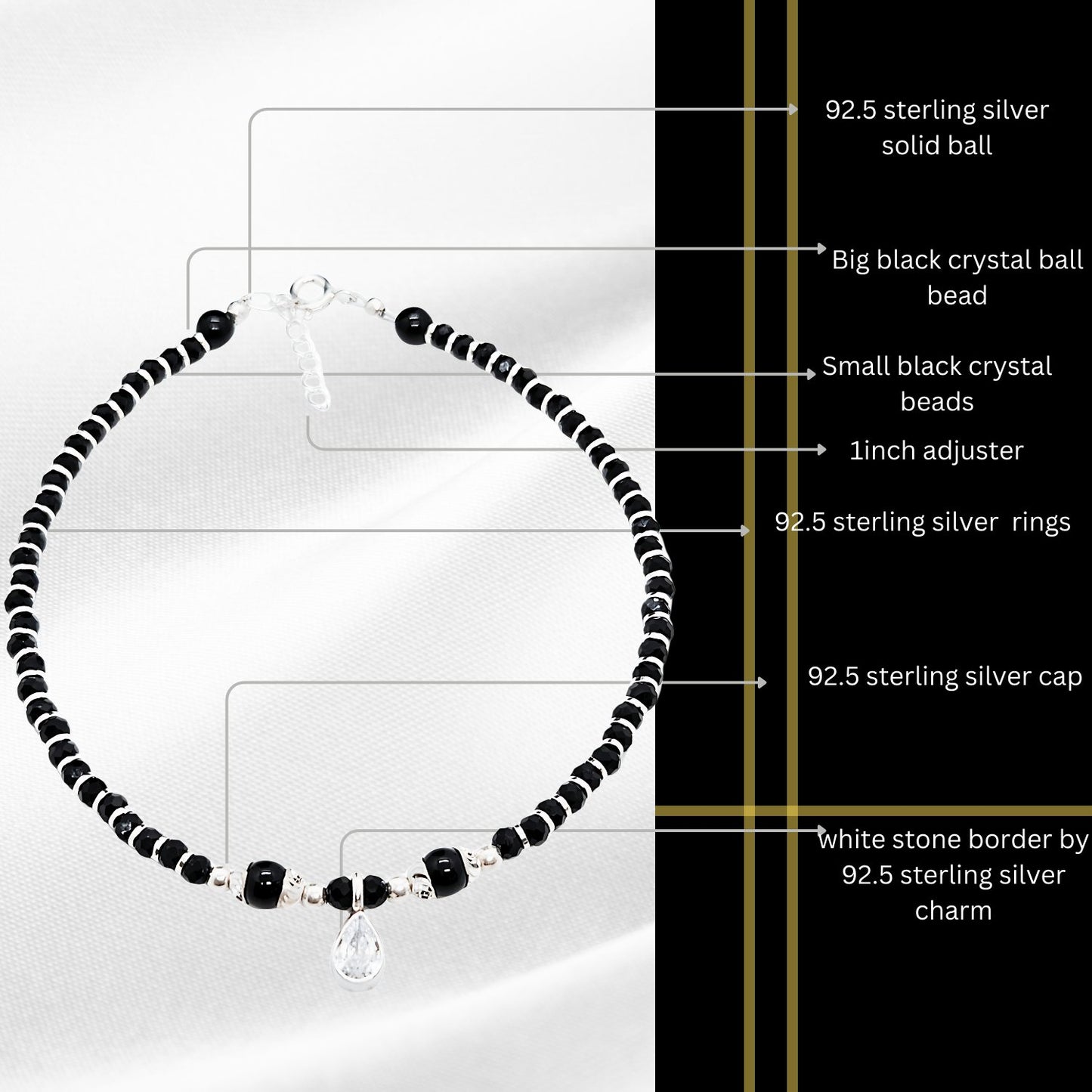 Women Black Beads Anklet with Silver Drop Charm | 925 | Free Size | For Women & Girls