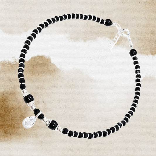 Women Black Beads Anklet with Silver Drop Charm | 925 | Free Size | For Women & Girls