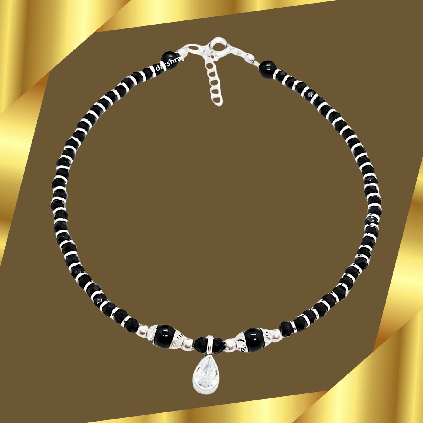 Women Black Beads Anklet with Silver Drop Charm | 925 | Free Size | For Women & Girls