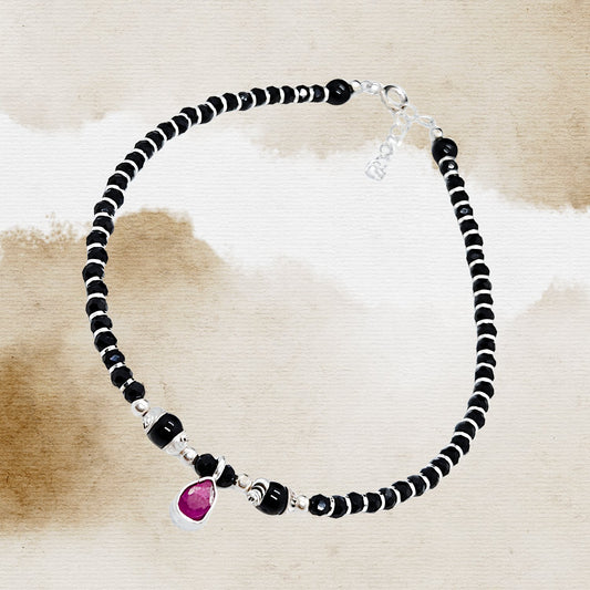 Women Black Beads Anklet with Pink Pearl Charm | 925 Silver | Free Size | For Women & Girls