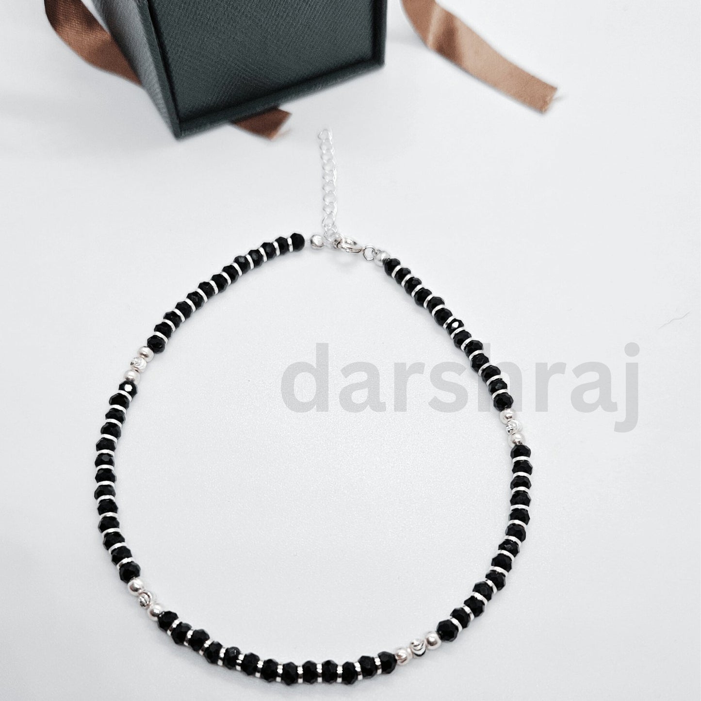 Women Black Beads Anklet with Silver Cylinder Beads | 925 | Free Size | For Women & Girls