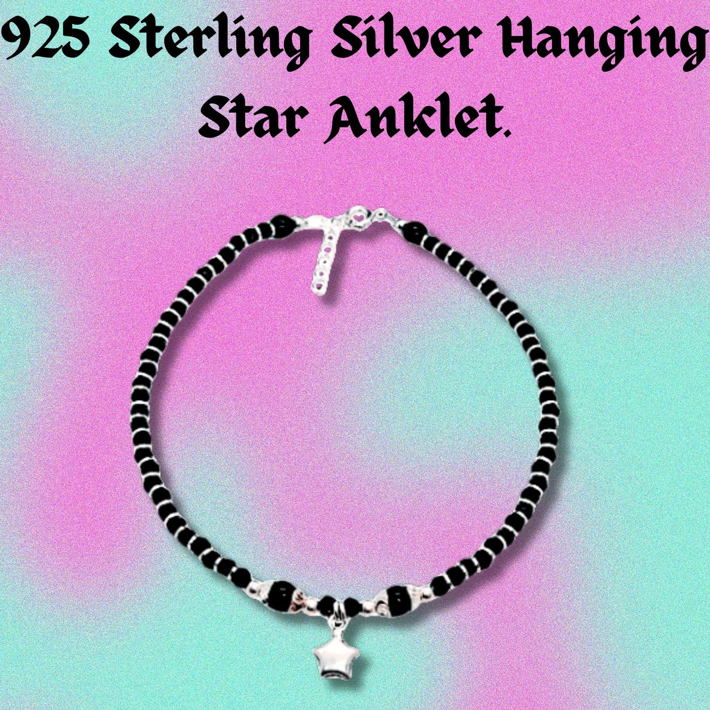 Women Black Beads Anklet with Silver Big Star Charm | 925 | Free Size | For Women & Girls