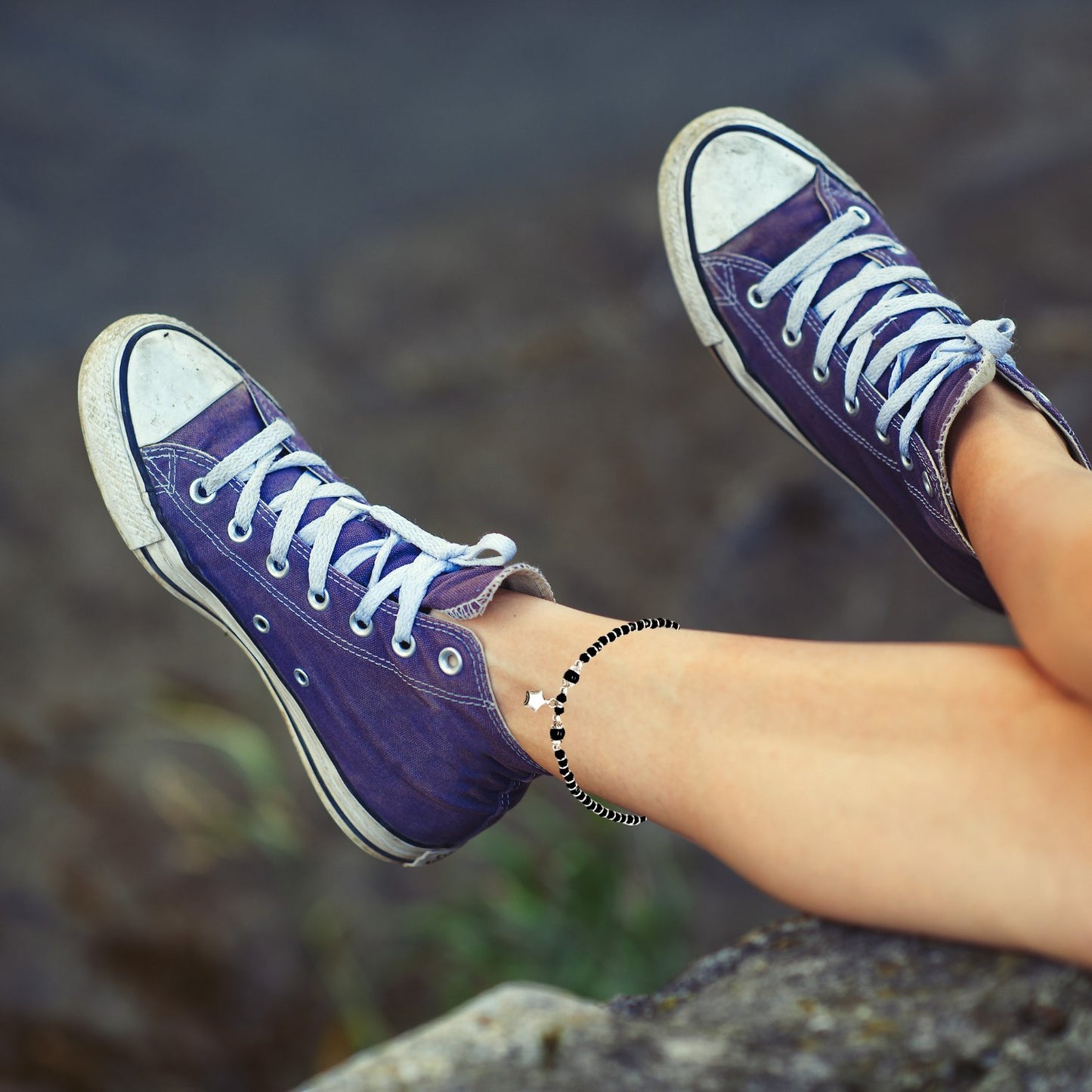 Women Black Beads Anklet with Silver Big Star Charm | 925 | Free Size | For Women & Girls