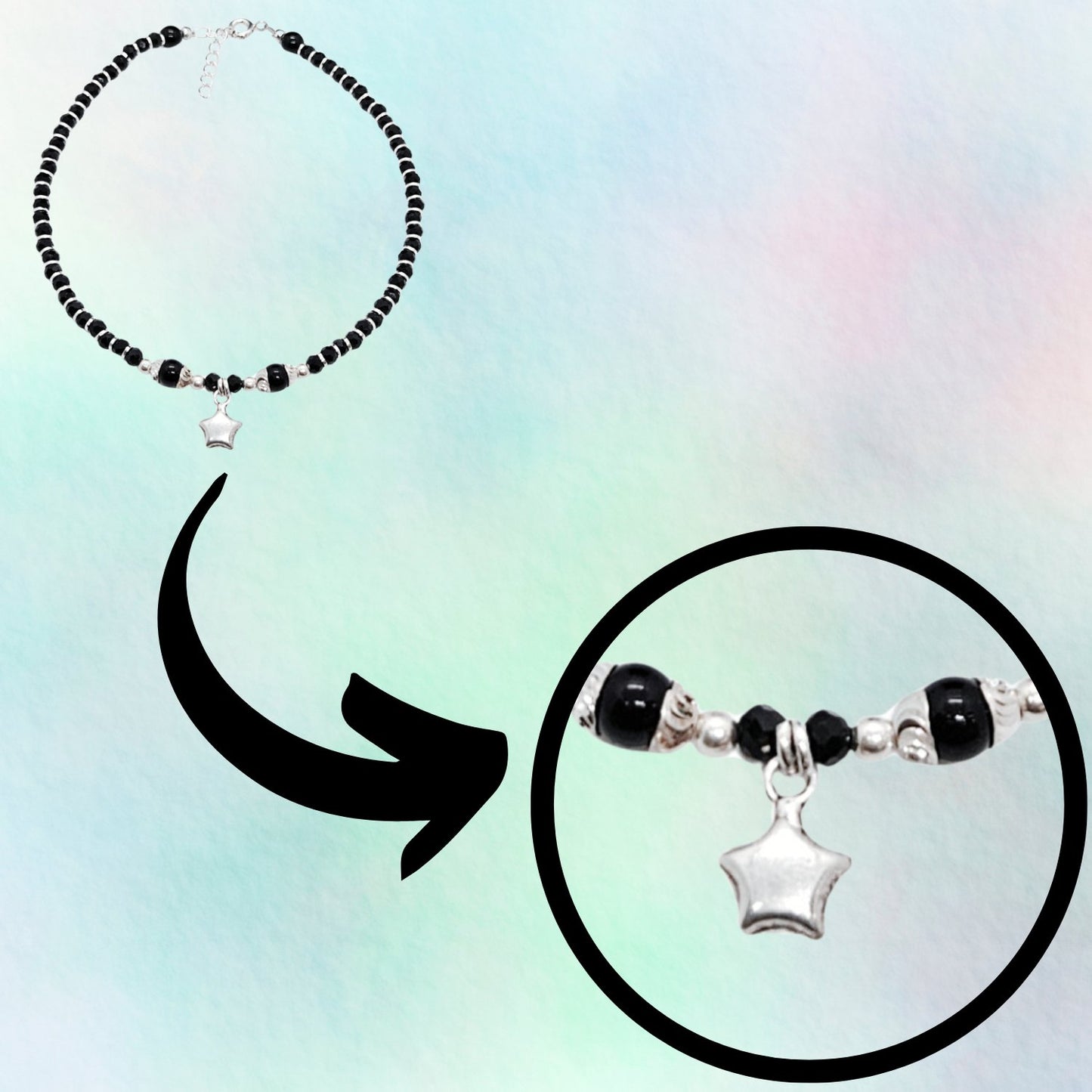 Women Black Beads Anklet with Silver Big Star Charm | 925 | Free Size | For Women & Girls