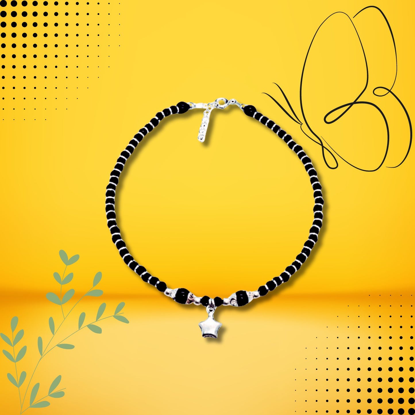 Women Black Beads Anklet with Silver Big Star Charm | 925 | Free Size | For Women & Girls