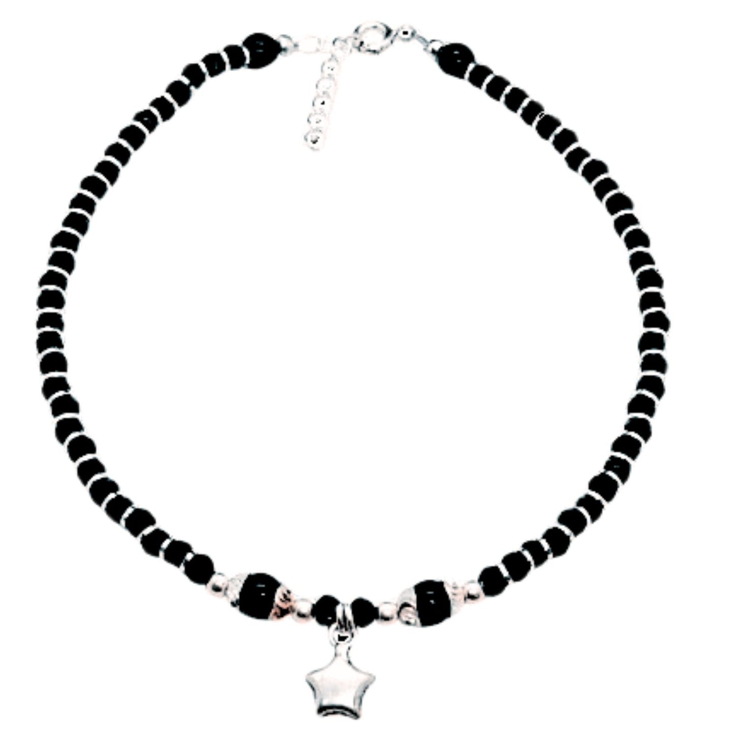 Women Black Beads Anklet with Silver Big Star Charm | 925 | Free Size | For Women & Girls