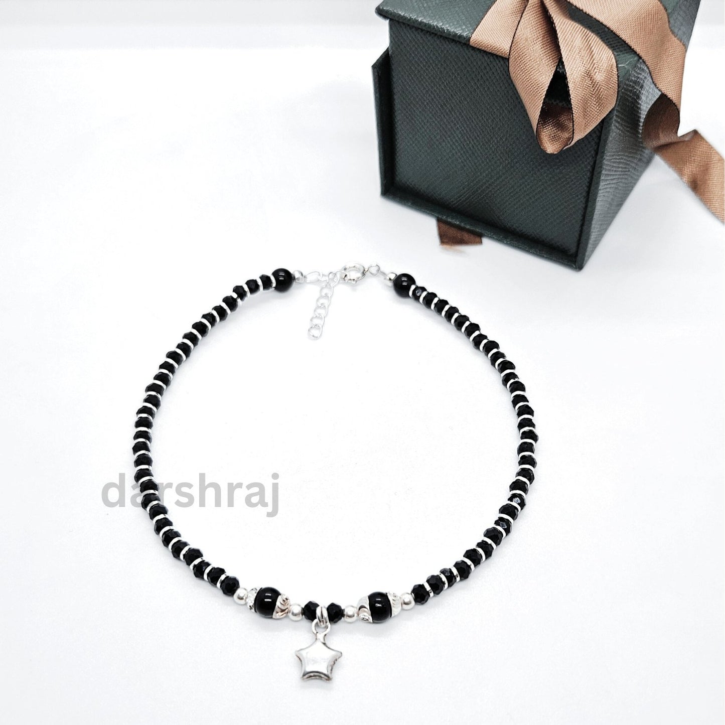 Women Black Beads Anklet with Silver Big Star Charm | 925 | Free Size | For Women & Girls