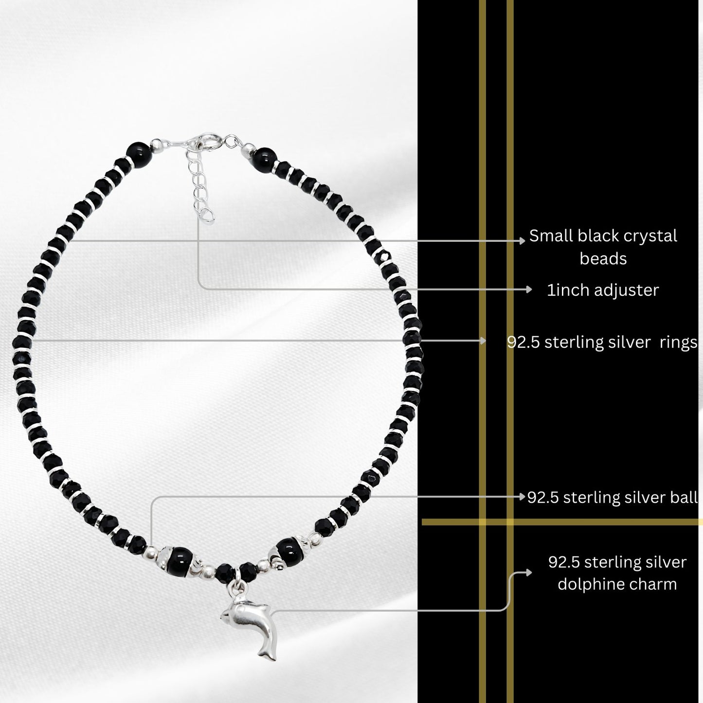 Women Black Beads Anklet with Silver Fish Charm | 925 | Free Size | For Women & Girls