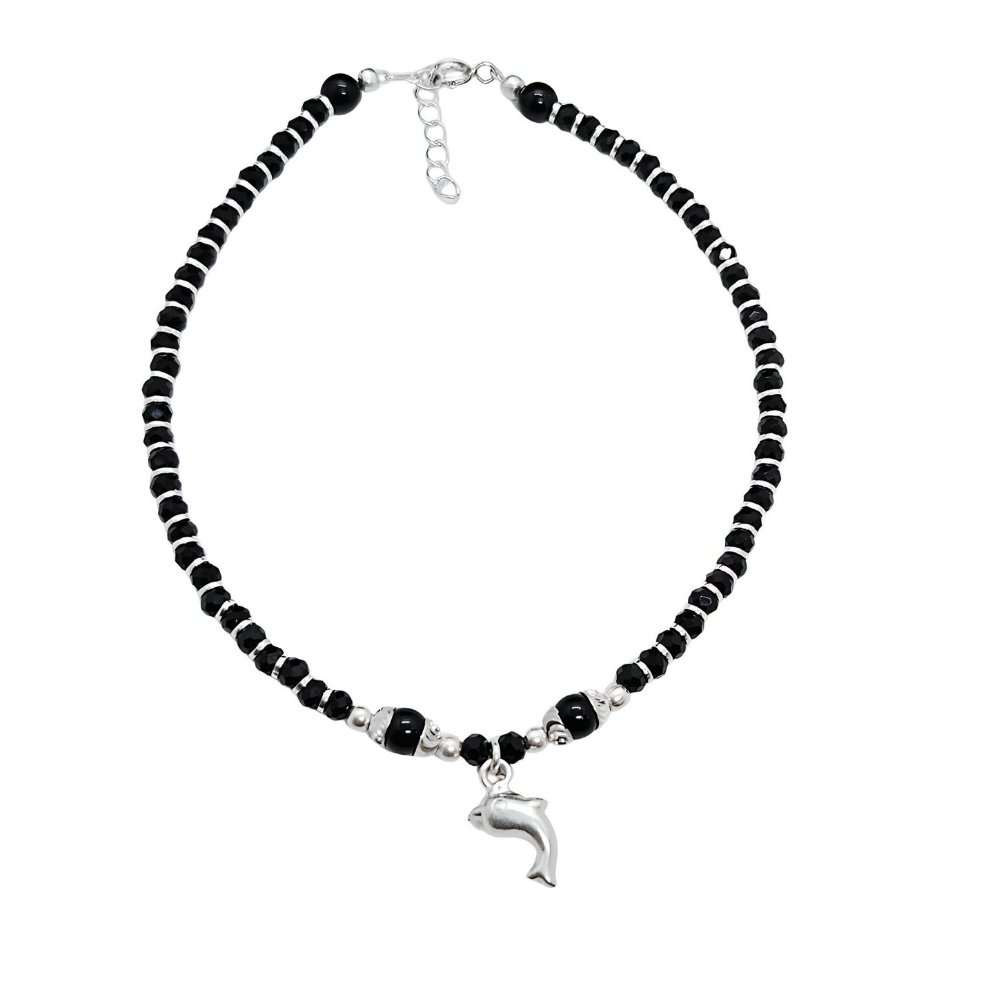 Women Black Beads Anklet with Silver Fish Charm | 925 | Free Size | For Women & Girls