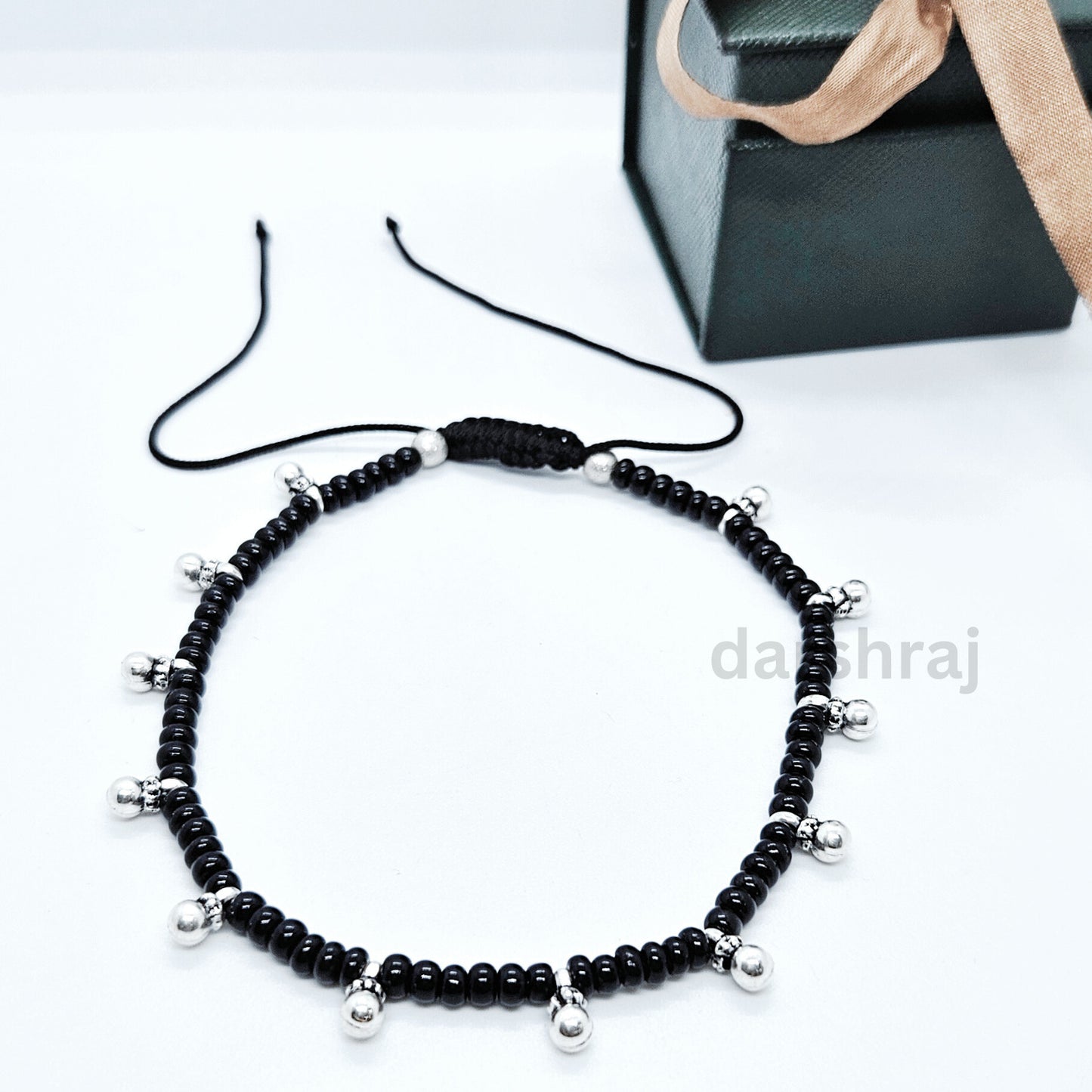 Thread Anklet with 925 Sterling Silver 12 Ghungroo and Black Beads | For Women & Girls | Adjustable Size