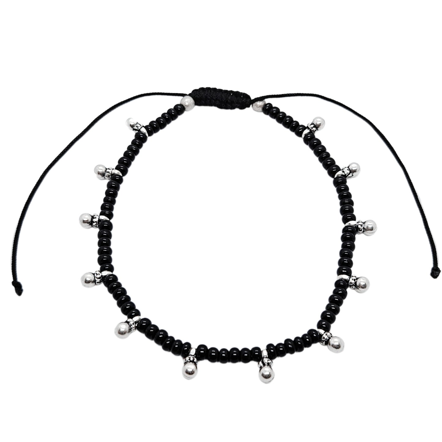 Thread Anklet with 925 Sterling Silver 12 Ghungroo and Black Beads | For Women & Girls | Adjustable Size