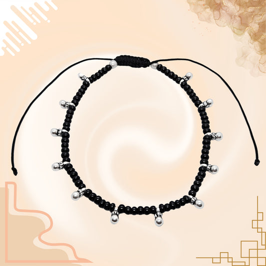 Thread Anklet with 925 Sterling Silver 12 Ghungroo and Black Beads | For Women & Girls | Adjustable Size