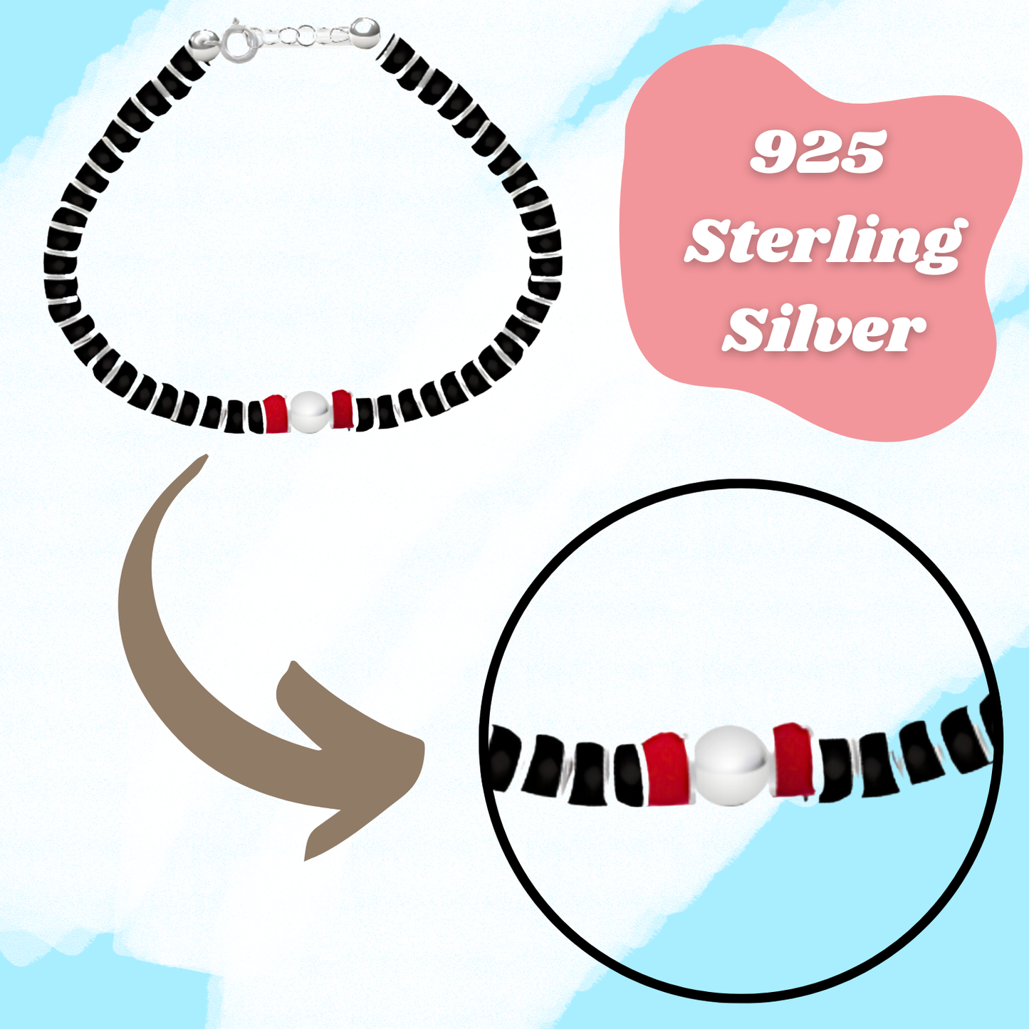 925 Sterling Silver Nazariya Bracelet for Women | Girls | Handmade Nazariya | Crystal Bracelet with Silver Circle | Red & Black Crystal Bracelet | Pearl Bracelet