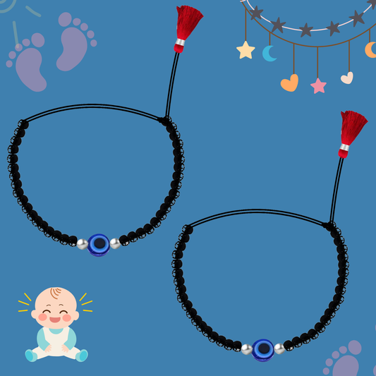 925 Silver Baby Nazariya with Handmade Thread and Black Beads Evil Eye and Dori | Baby Najariya for Hand and Leg | Thread Najariya for Babies | Baby Silver Nazariya | Perfect for Newborns Boys and Girls (Pack of 2)