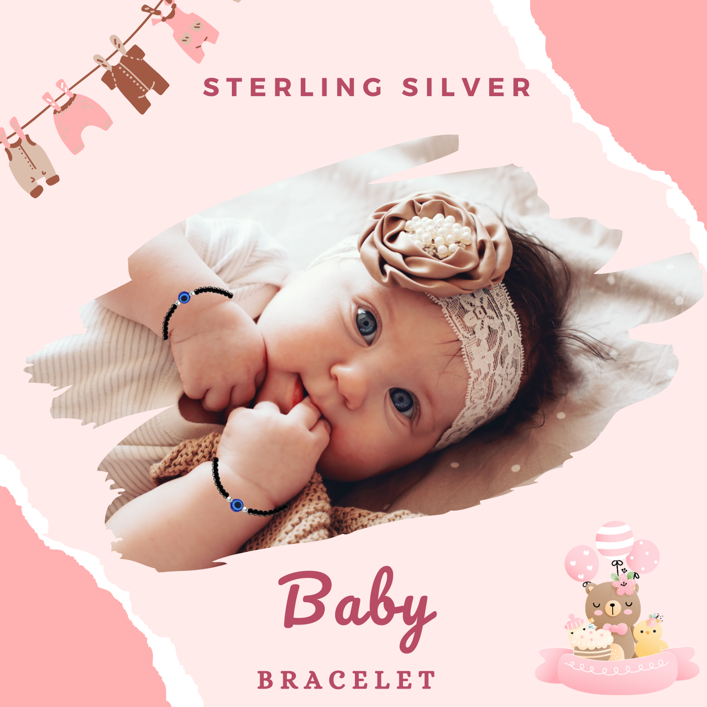 925 Silver Baby Nazariya with Handmade Thread and Black Beads Evil Eye and Dori | Baby Najariya for Hand and Leg | Thread Najariya for Babies | Baby Silver Nazariya | Perfect for Newborns Boys and Girls (Pack of 2)