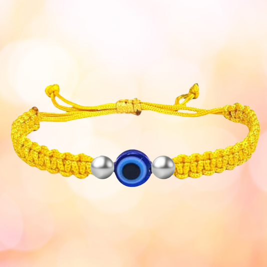 925 Sterling Silver Yellow Designer Thread Bracelet With Evil Eye and Silver Ball Beads | For Women & Men | Nazariya Bracelet Yellow Thread | Adjustable