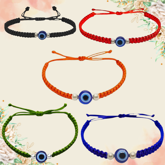 Evil Eye Thread Anklet & Bracelet with 925 Sterling Silver Ball Beads (5 Color Combo) | For Women, Man & Kids | Black, Red, Orange, Green, Blue Color | Adjustable Size